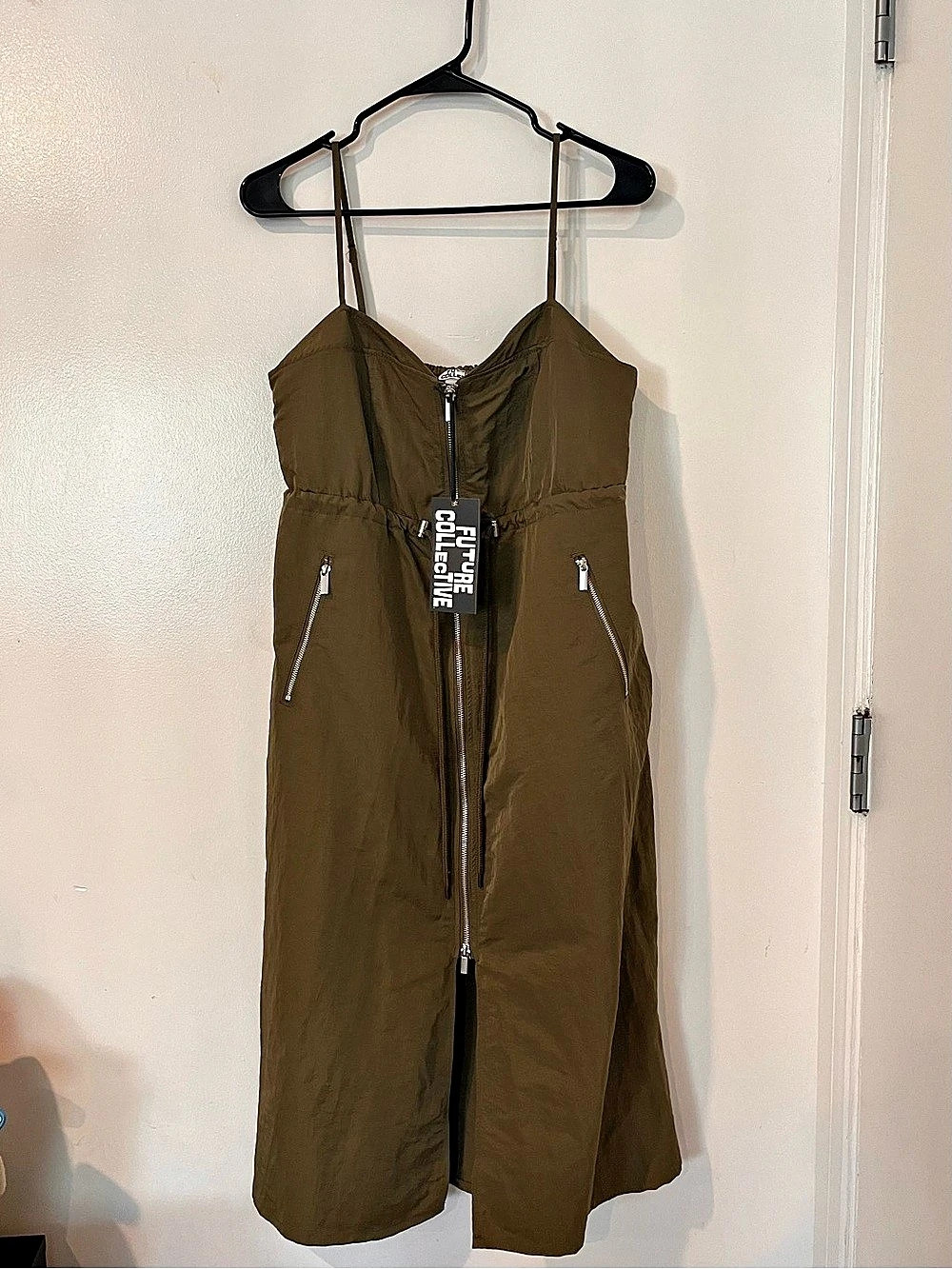 Future Collective Nylon Zip-Front  Dress Olive Maxi Dress Size Medium NWT